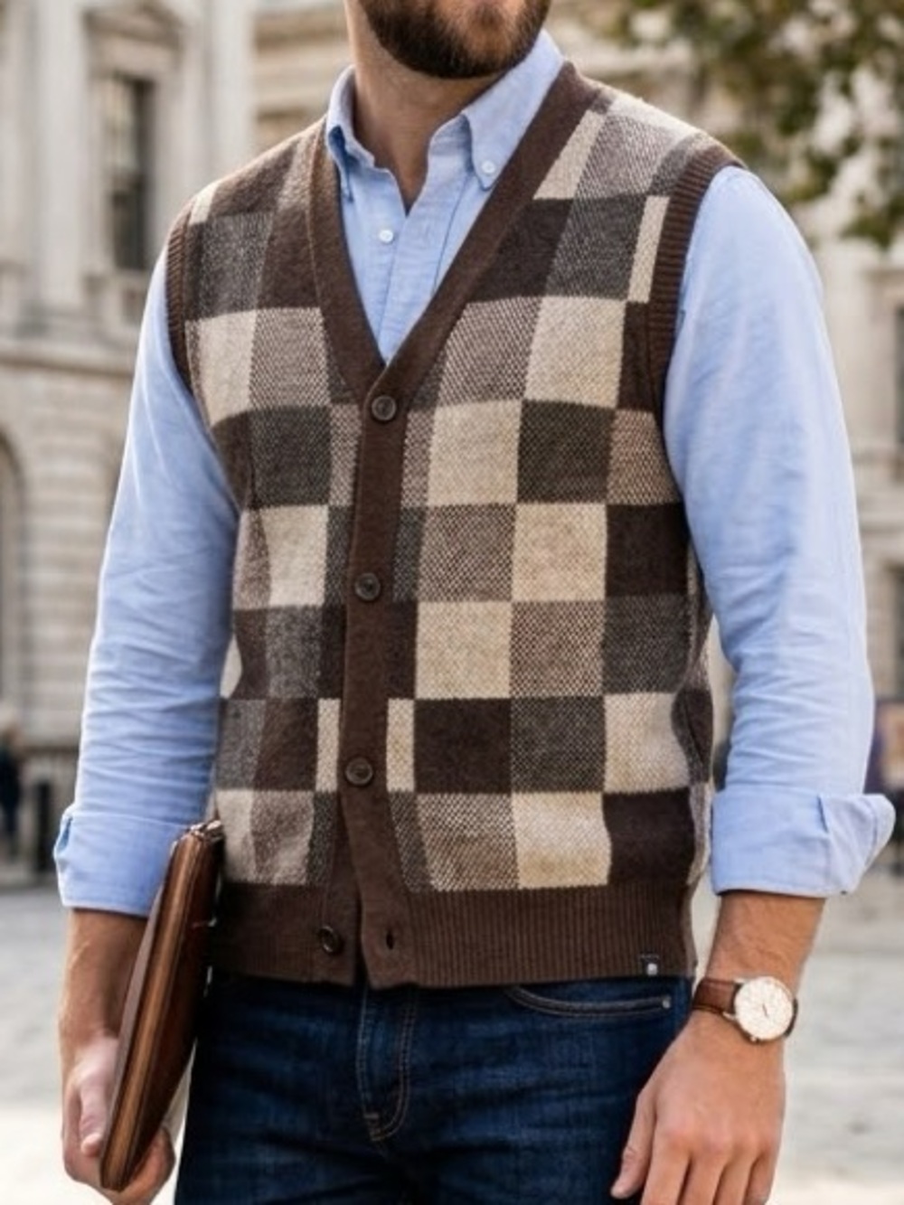 JOE’S Jeans Brown Cream Checkered Button Down Knit Sweater Vest
